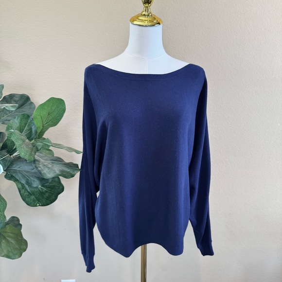 NWT Lauren Ralph Lauren Dolman Sleeve Sweater Women L Navy Blue Boat Neck Cotton - Picture 1 of 16